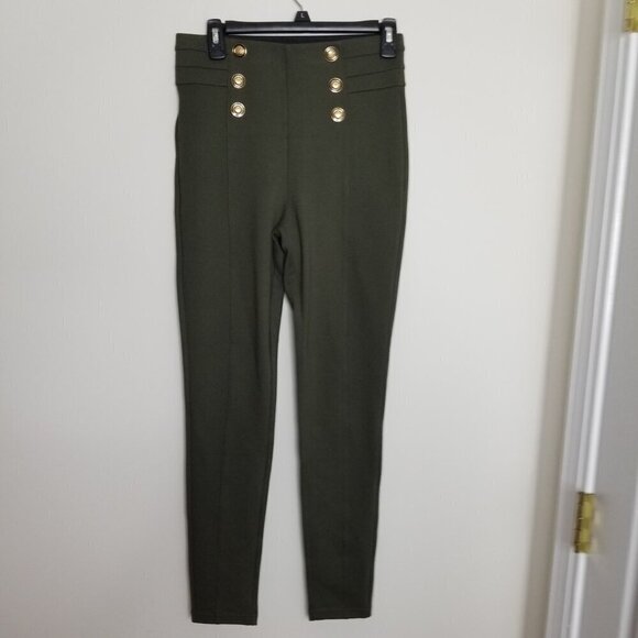 ZARA Size M High Waist Sailor Gold Button Front Pants Stretch Pullon Legging - Picture 2 of 12